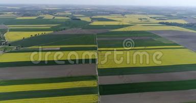 各种农业类型的农田，呈黄白色和绿色，空中拍摄